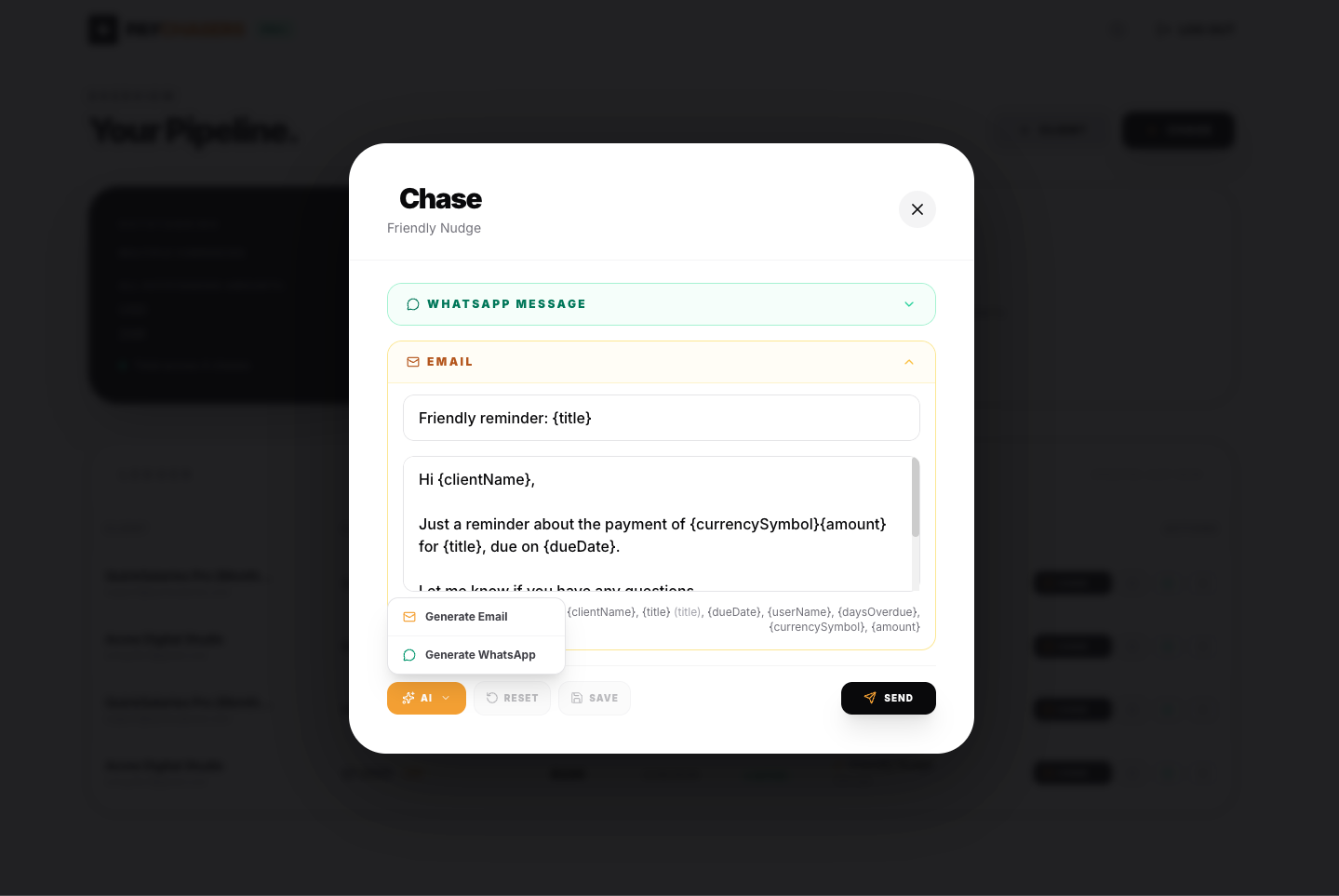 Chase modal: WhatsApp message and email editors with AI button to generate email or WhatsApp drafts