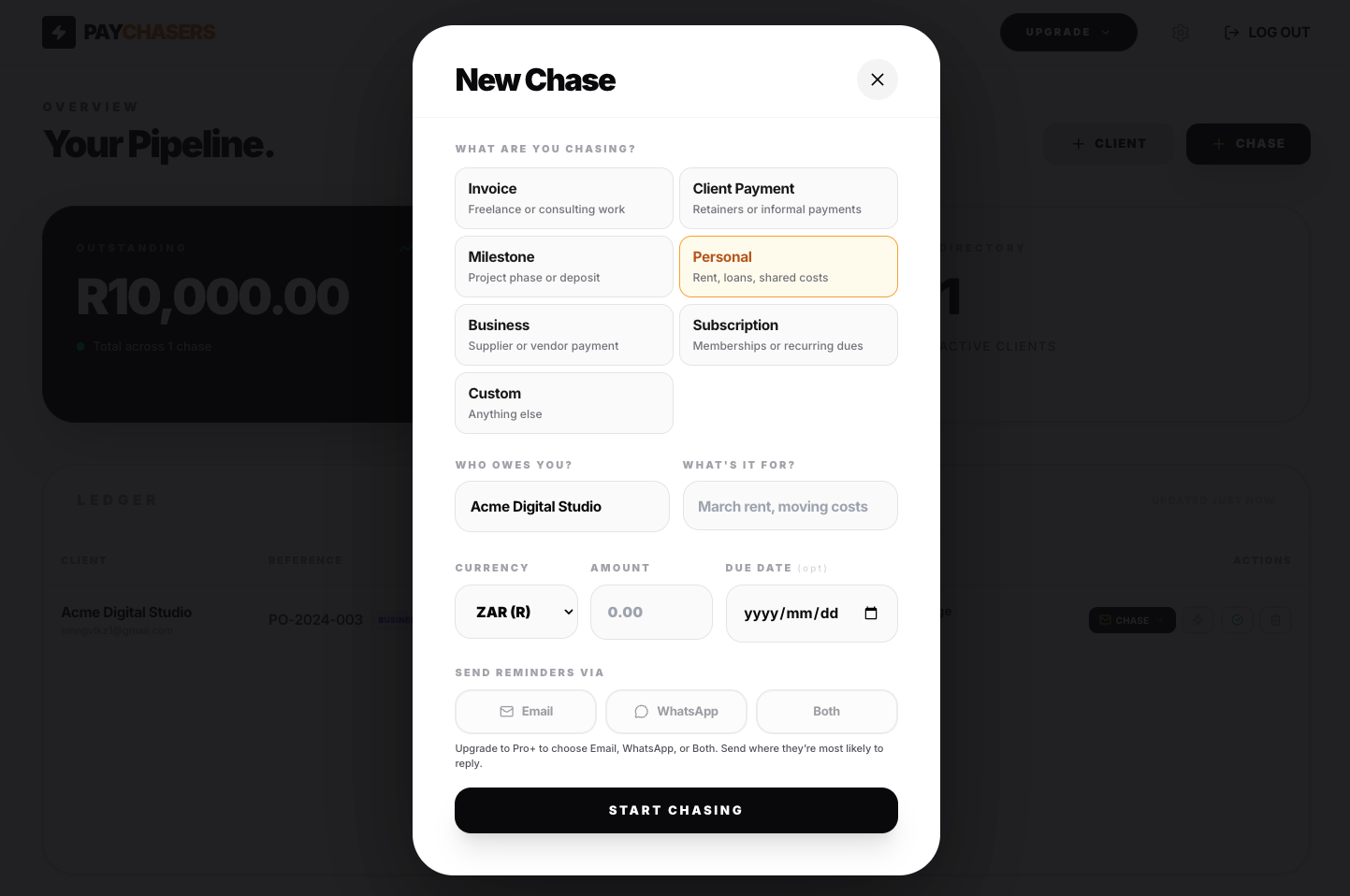 New Chase form: choose payment type, client, amount, and how to send reminders (Email, WhatsApp, or Both)