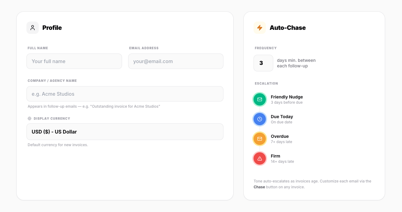Settings page with Auto-Chase schedule