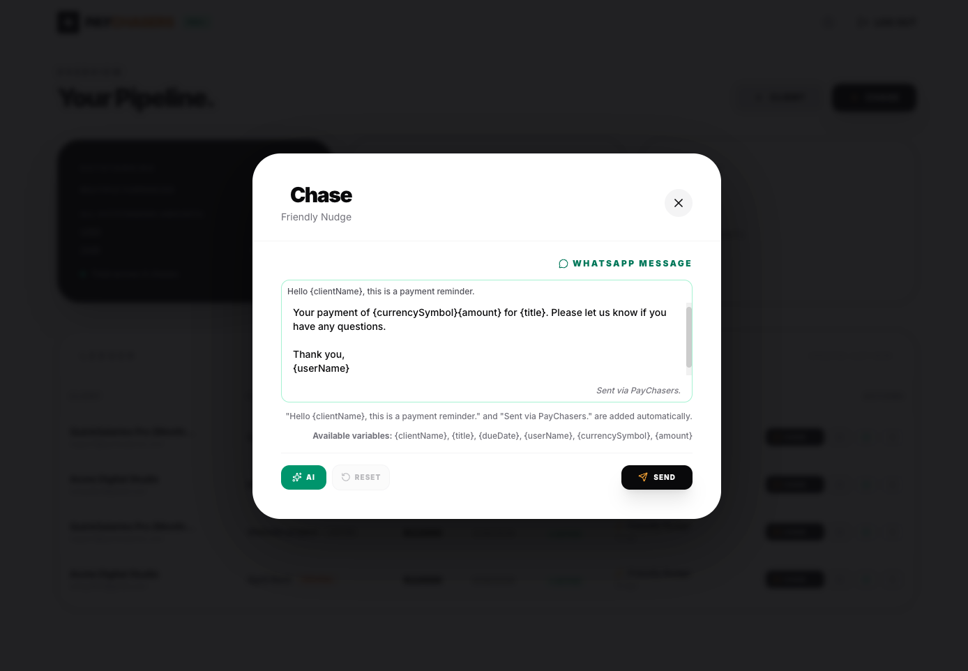 Chase modal for WhatsApp-only reminder: message preview with template text and AI button